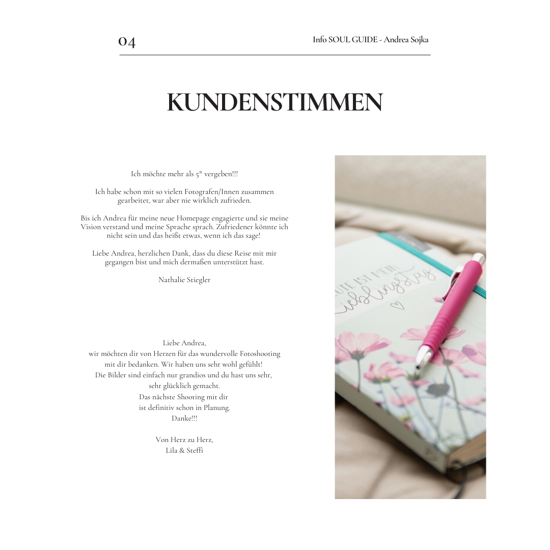 info soul guide von andrea sojka fotografie zum personal brand shooting, kundenstimmen