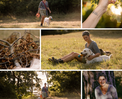 Collage von Bildern von Claudia Edelmayer-Murri im Sonnenuntergang auf der Himmelwiese mit ihrem Hund Leo