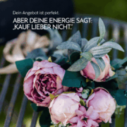 Grafik mit rosa Pfingstrosen und dem Text: Dein Angebot ist perfekt. ABER DEINE ENERGIE SAGT: ‚KAUF LIEBER NICHT.‘
